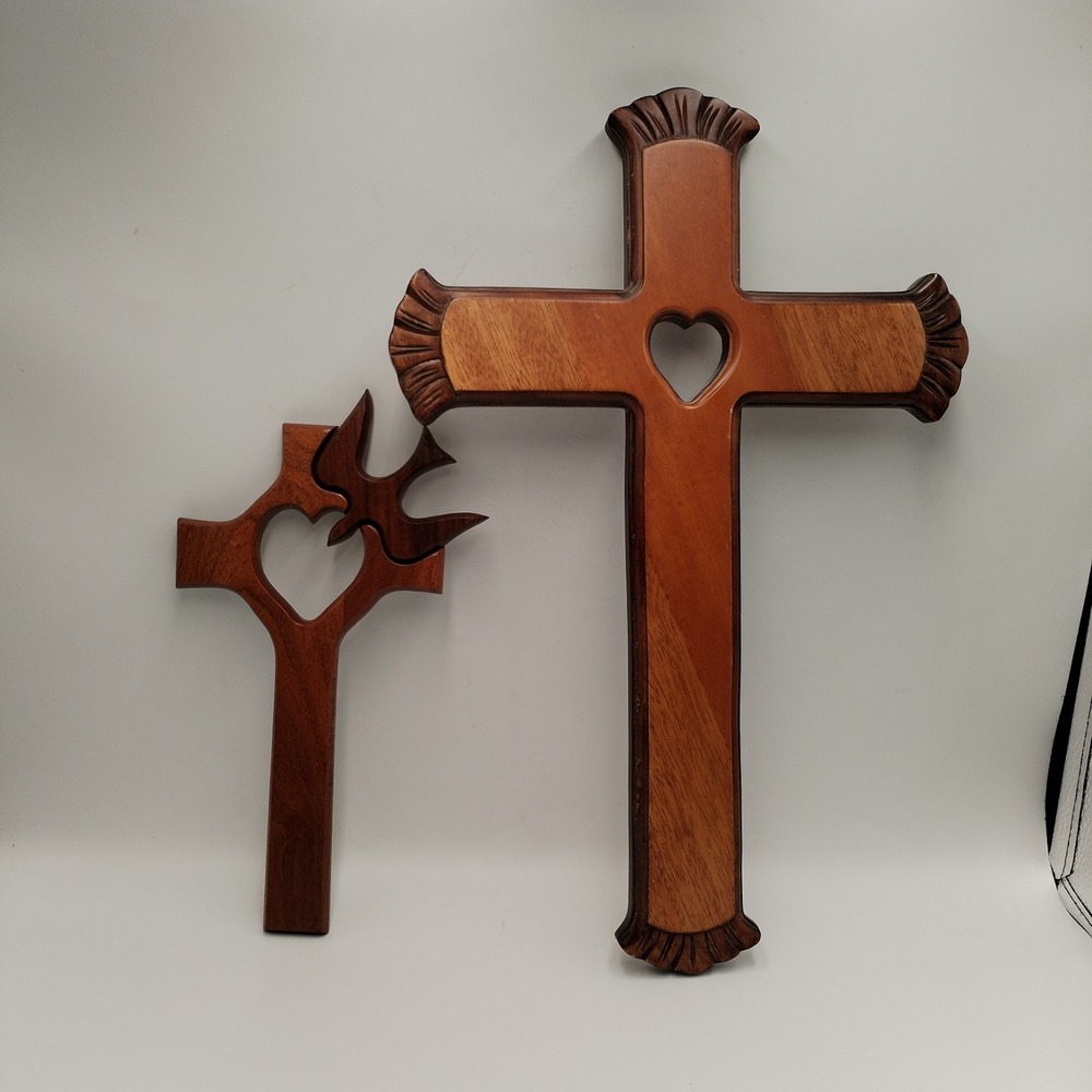 2 Vintage Hand Carved Solid Mahogany Wood Wall Crosses Holy Spirit Dove Heart 16